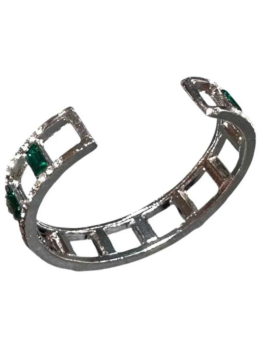 Art Deco Style Bangle Bracelet Emerald Cut Rhinestones Clear Pave Silver Toned